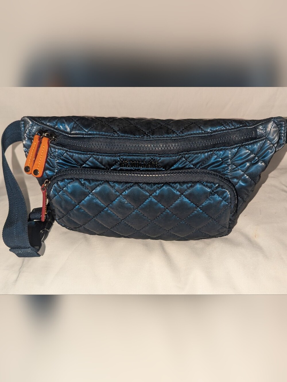 MZ Wallace Metro Quilted Sling Navy /Waist Bag with Leather Pulls - Picture 1 of 14
